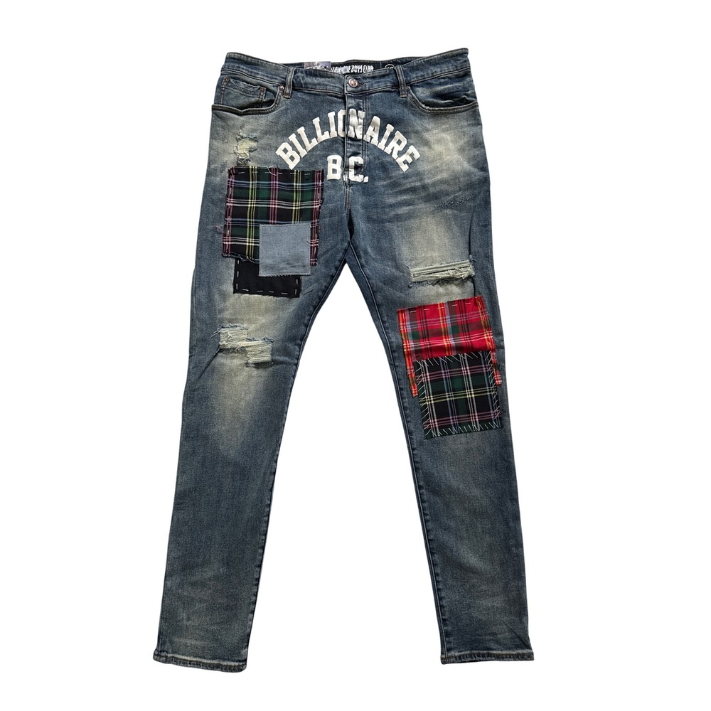 Billionaire Boys Club BB Clubhouse Helix Distressed Plaid Patch Slim Jeans 40